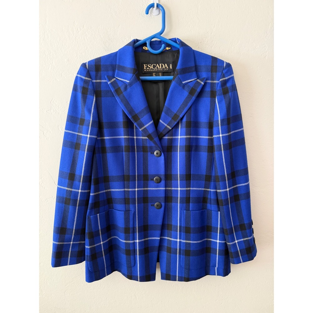 Escada Margaretha Ley Vintage Blue Plaid Wool Blazer Jacket Size 40 Germany